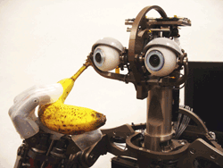 the robot Domo with a banana telephone